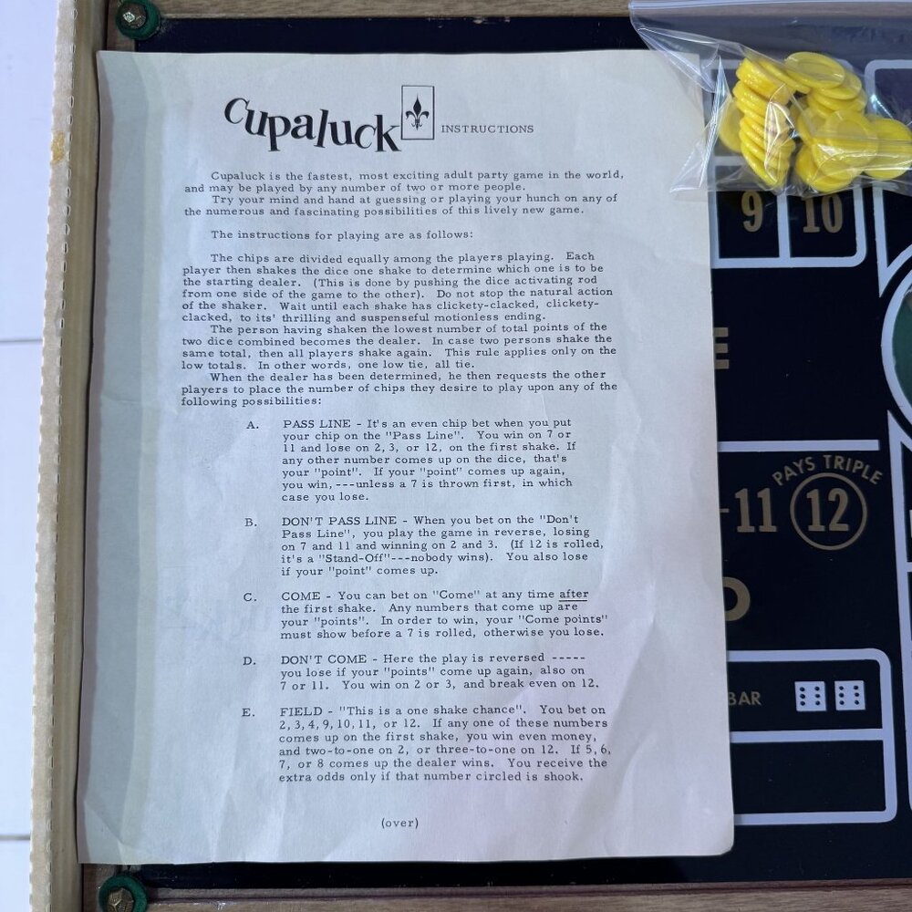 Vintage 1950s Cupaluck Mechanical Craps Dice Tabletop Game Complete Set Box - Picture 6 of 13